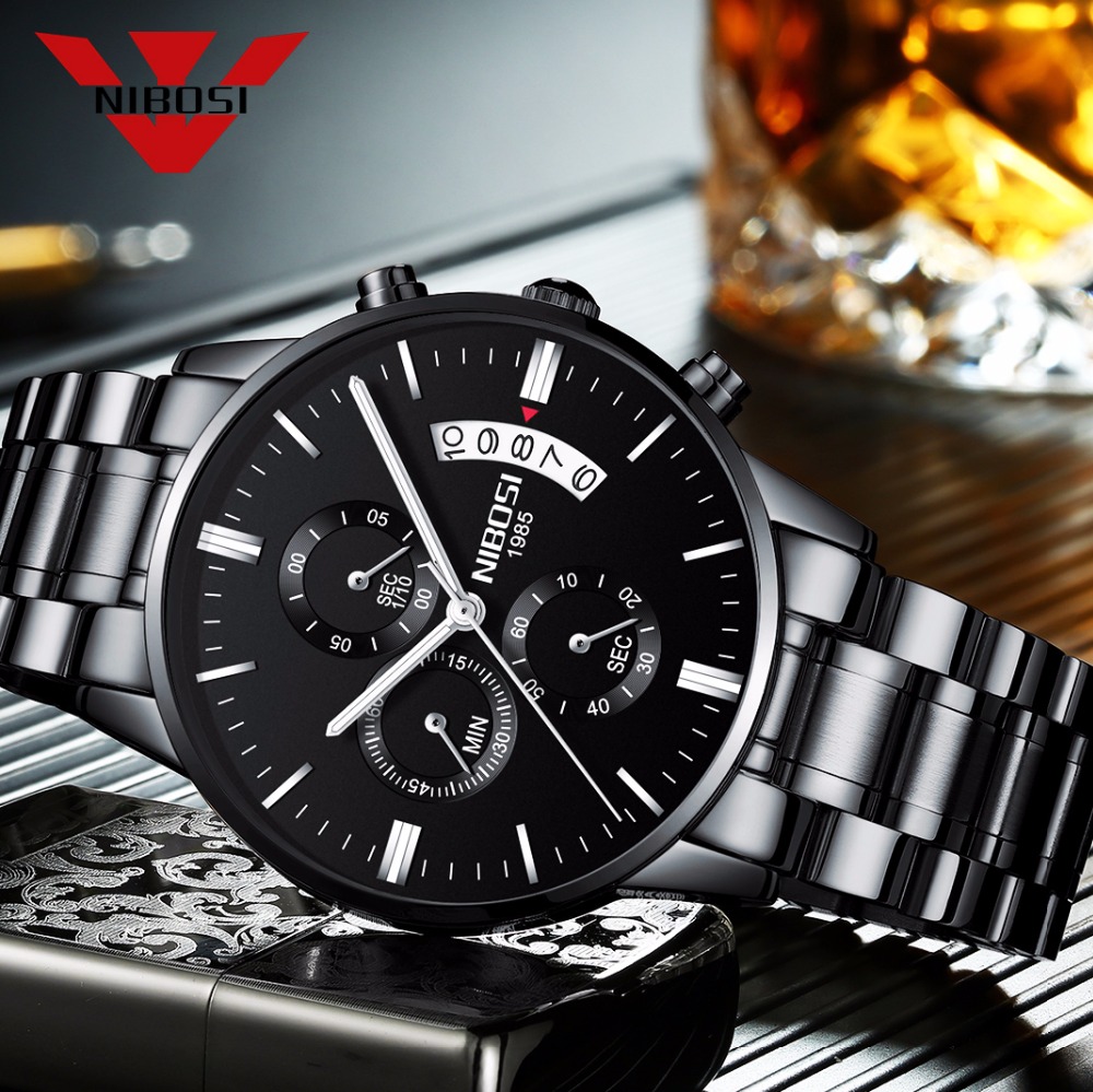 Luxury Watch All Black - NIBOSI paslanmaz çelik siyah Quartz saat