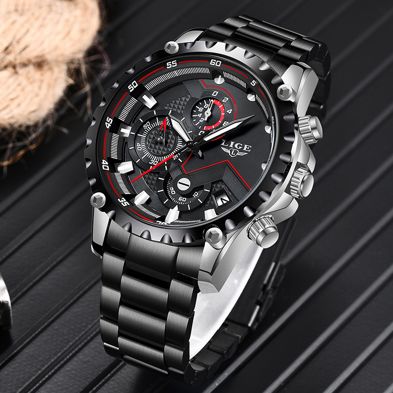 LIGE üst marka lüks erkek moda - Luxury Watch All Black incelemesi ve fiyatı